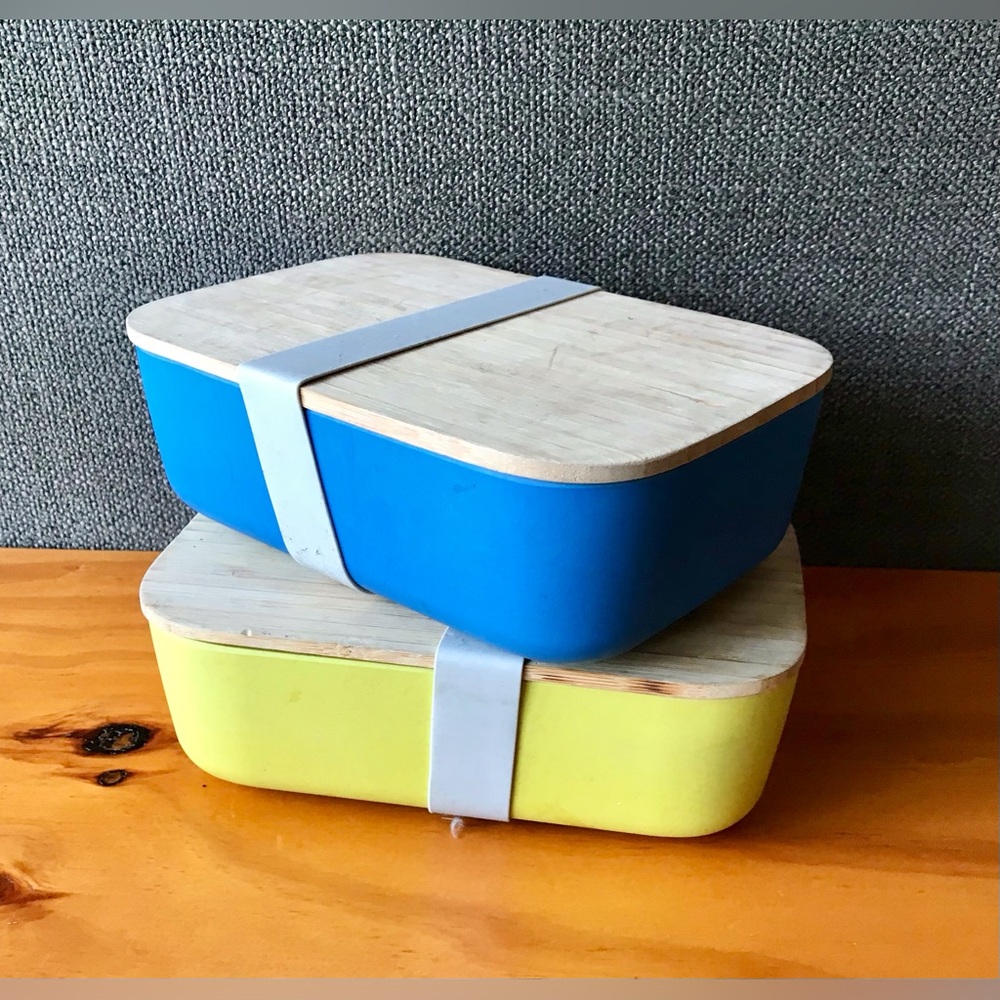 Lot 2 Blue Green Banded Melamine Bento Box Food Safe Storage Bamboo Wood Lid